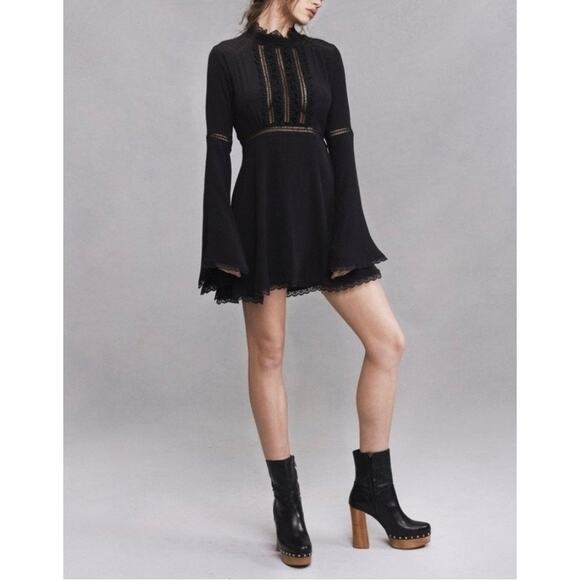 FOR LOVE AND LEMONS Willow Bell Sleeve Dress Womens Large Black High Neck Mini - Picture 1 of 16
